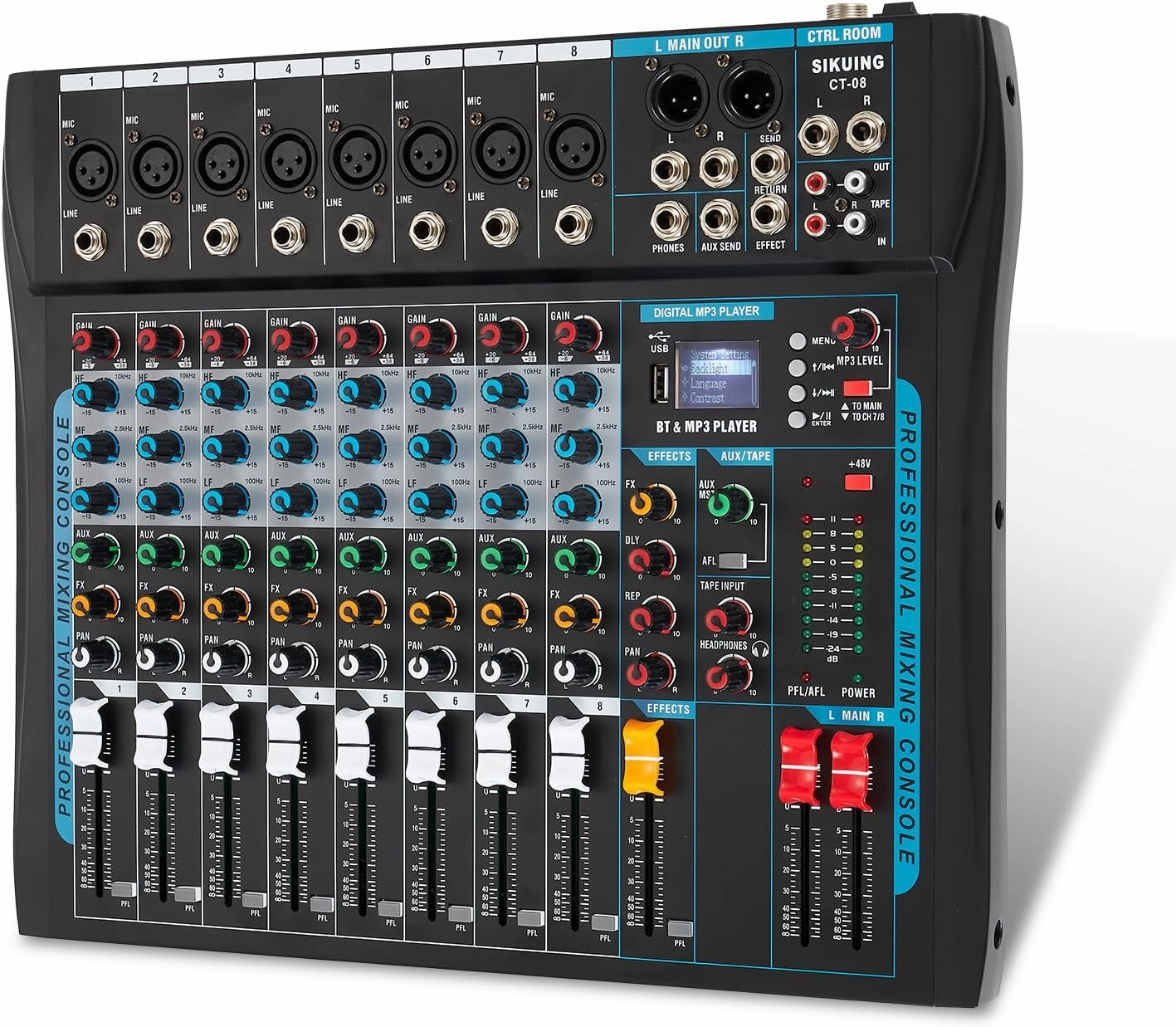 8 Channel Audio Mixer Sound Board Mixer 16 DSP Effect Audio Interfacer w/USB Drive for Computer Recording, 48V Power, XLR Microphone Jack DJ Mixer for Karaoke Studio Streaming Recording balanced output player,audiophile player,hi-res digital player,