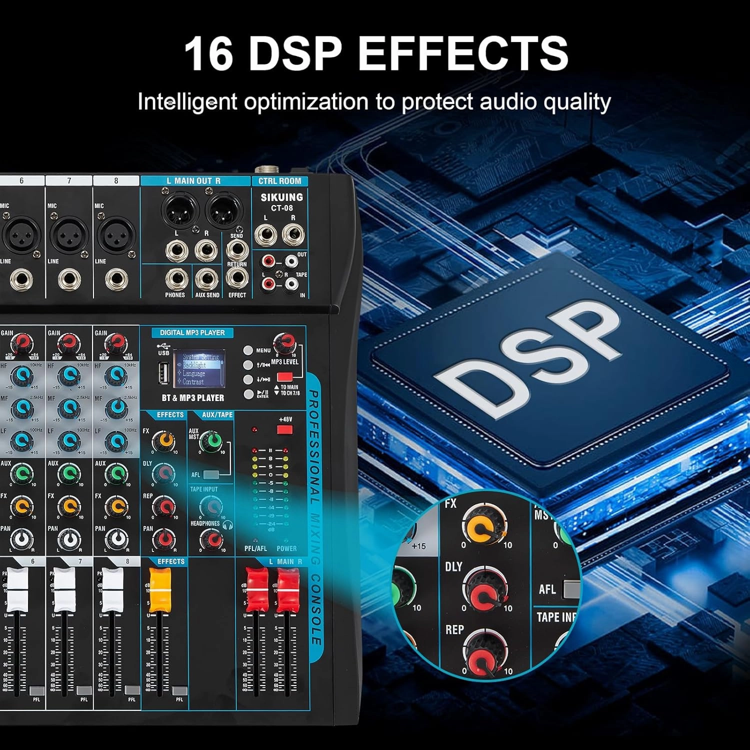 8 Channel Audio Mixer Sound Board Mixer 16 DSP Effect Audio Interfacer w/USB Drive for Computer Recording, 48V Power, XLR Microphone Jack DJ Mixer for Karaoke Studio Streaming Recording