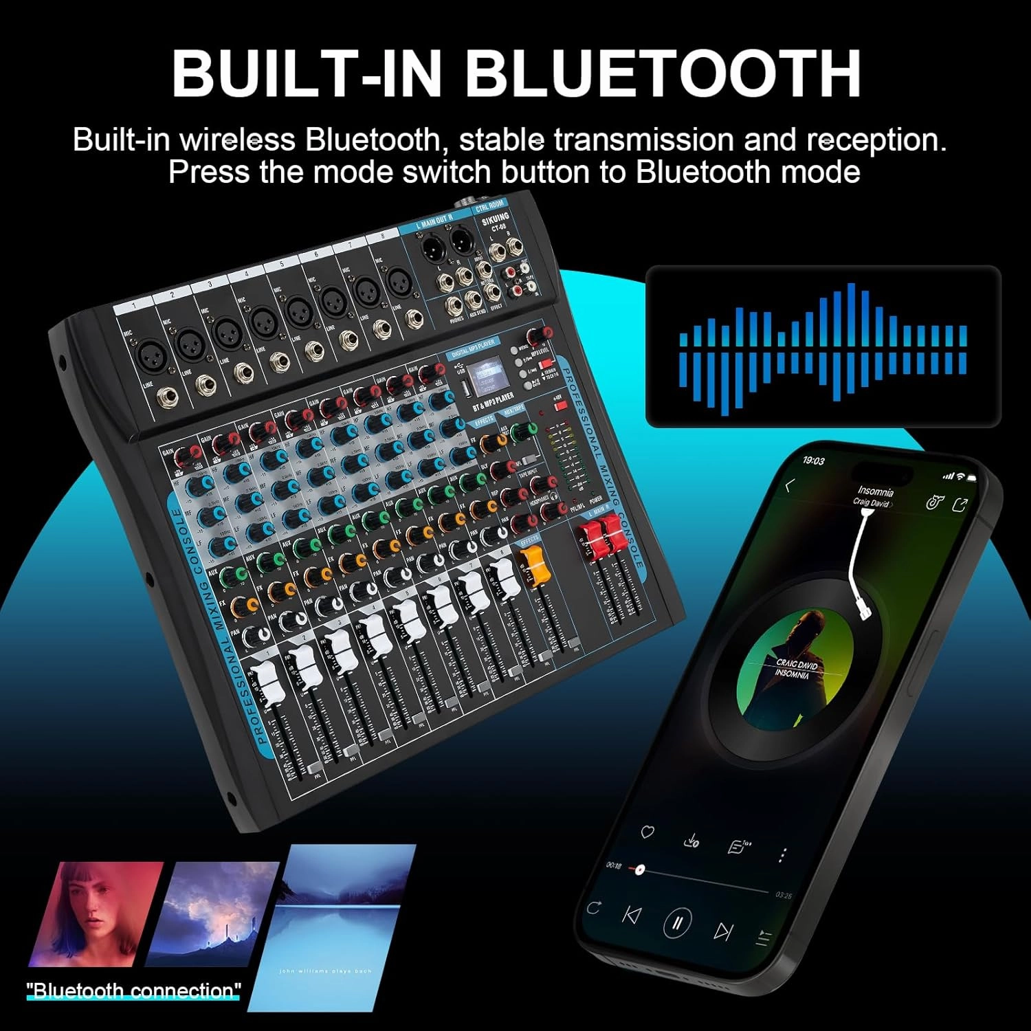 8 Channel Audio Mixer Sound Board Mixer 16 DSP Effect Audio Interfacer w/USB Drive for Computer Recording, 48V Power, XLR Microphone Jack DJ Mixer for Karaoke Studio Streaming Recording