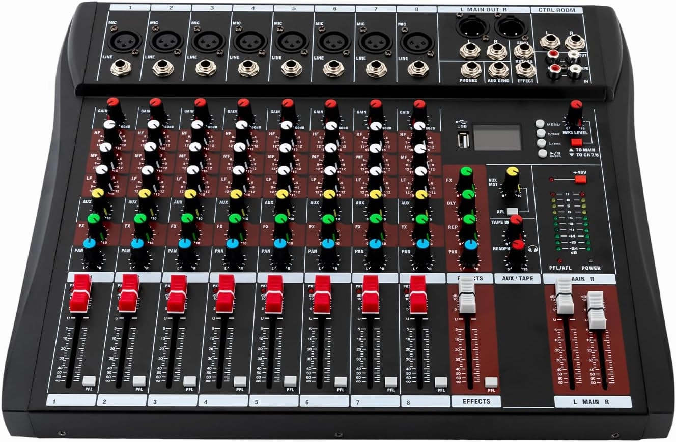 8 Channel Professional Audio Mixer, DJ Controller Sound Mixer Bluetooth Compatible Bluetooth Sound Board DJ Mixers with 48V Phantom Power USB Interface Stereo Mixing Console mixer console,audio mixing desk,DJ console,