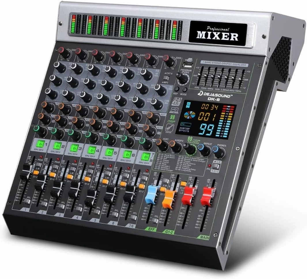 8-Channel Professional Audio Mixer, DK-8 Mixing Console with XLR Inputs, Bluetooth, 99 DSP Effects, MP3, USB Interface for Podcast, Music, Recording, PC 14.76"x1.96x12.99"inches mixer console,audio mixing desk,DJ console,