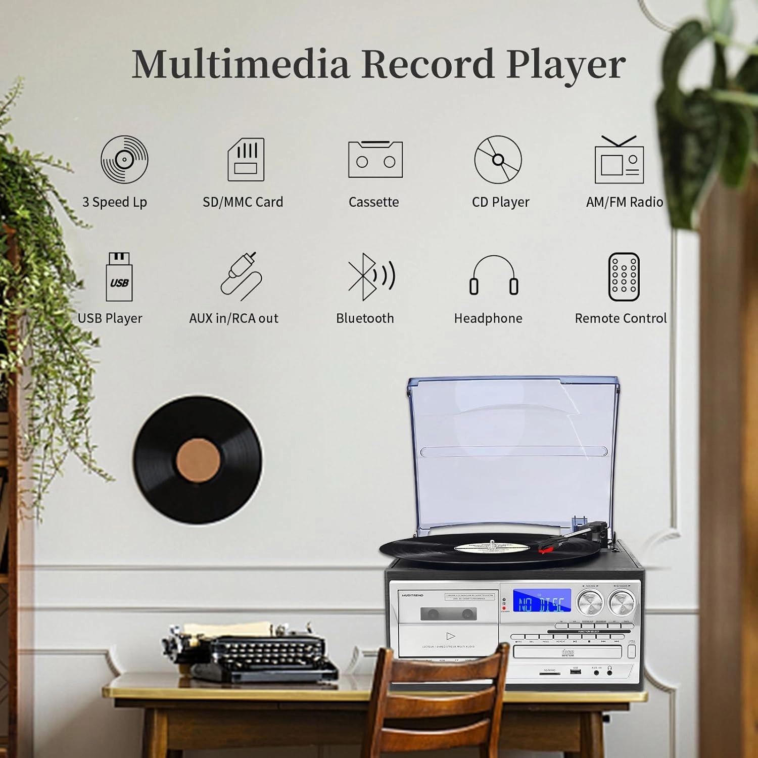 9 in 1 Record Player with External Speakers,3 Speed Bluetooth Turntable Vinyl Player with CD/Cassette Play,AM/FM Radio, USB SD/MMC Play, Aux-in/RCA Line Out