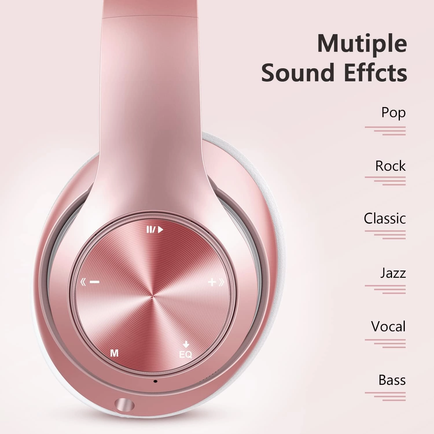 9S Over Ear Bluetooth Headphones, 60 Hours Playtime, Hi-Fi Stereo, Deep Bass, Microphone, Foldable, Rose Gold