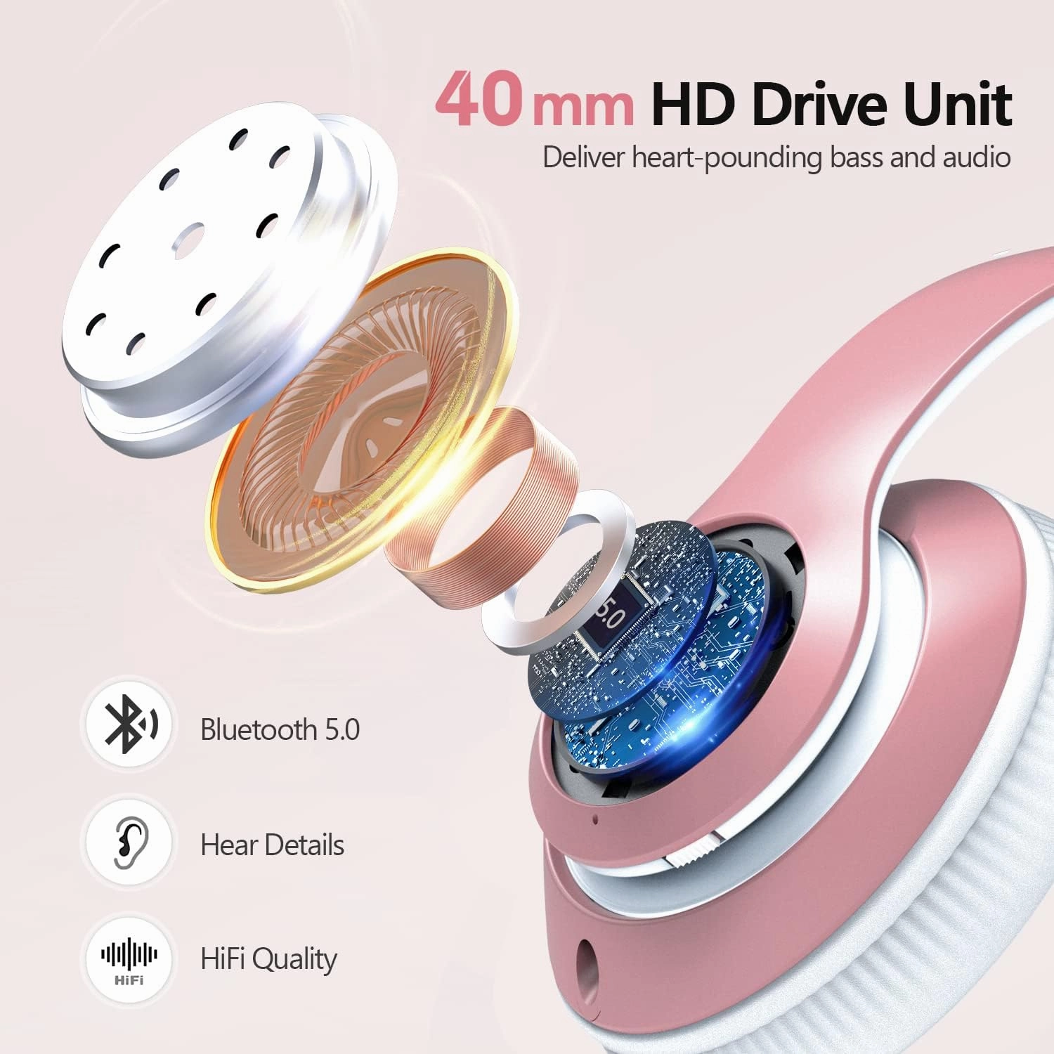 9S Over Ear Bluetooth Headphones, 60 Hours Playtime, Hi-Fi Stereo, Deep Bass, Microphone, Foldable, Rose Gold