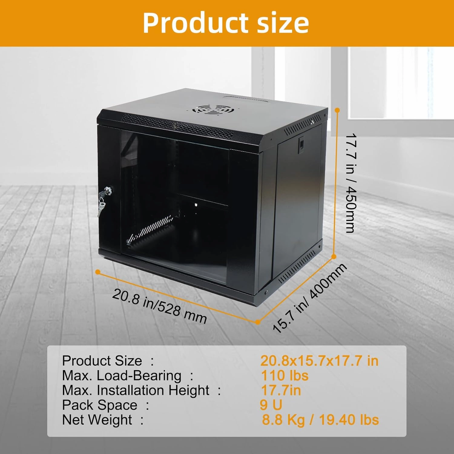 9U Wall Mount Network Server Cabinet with Glass Door, Locks, Removable Side Panels, for IT Equipment, A/V Devices, Black