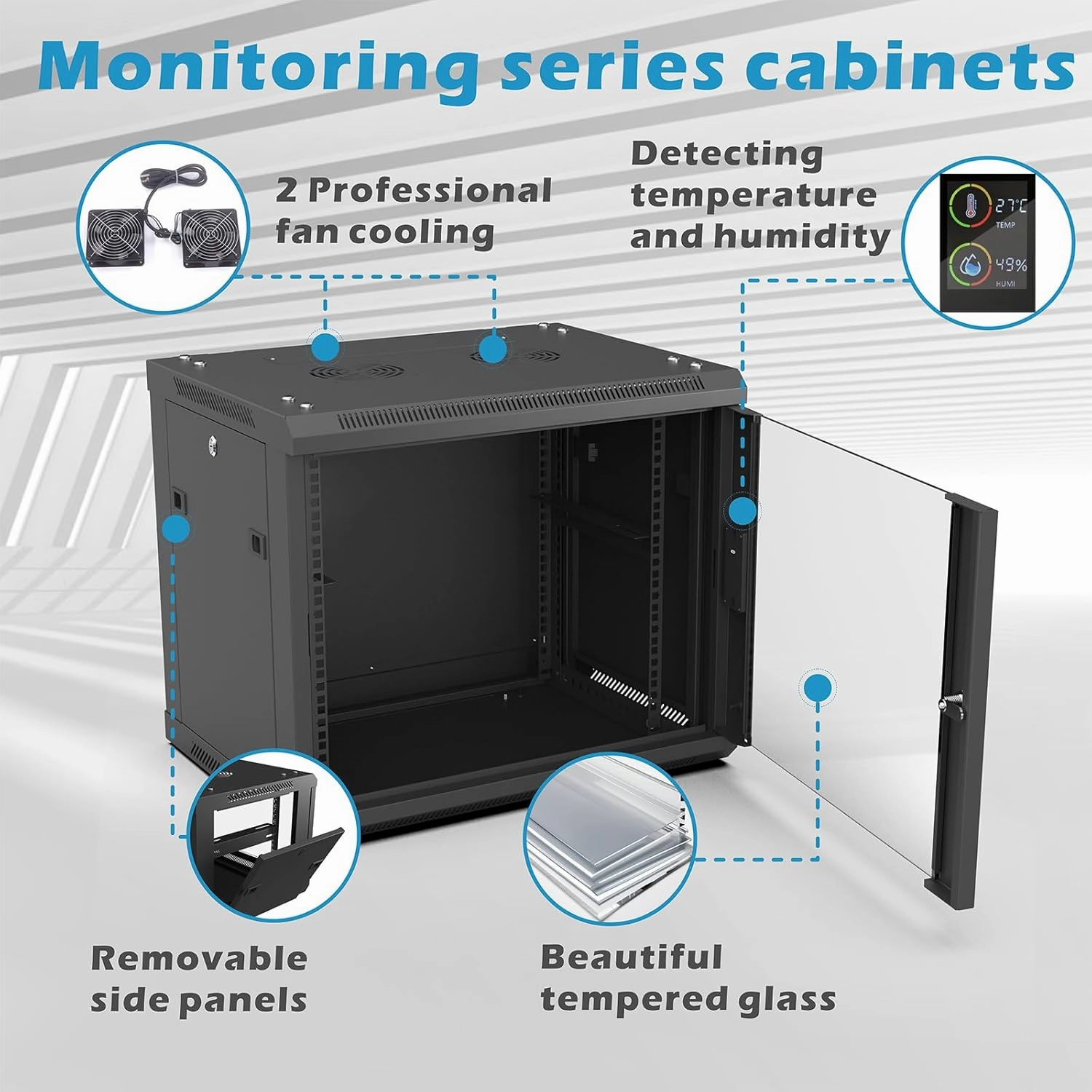 9U Wall Mount Rack Server Rack Enclosure with 2 Cooling Fans, Glass Door, Locks, Temp Display, 9U Network Cabinet 450mm Depth, 19 Inch Server Cabinet for IT Equipment, A/V Devices