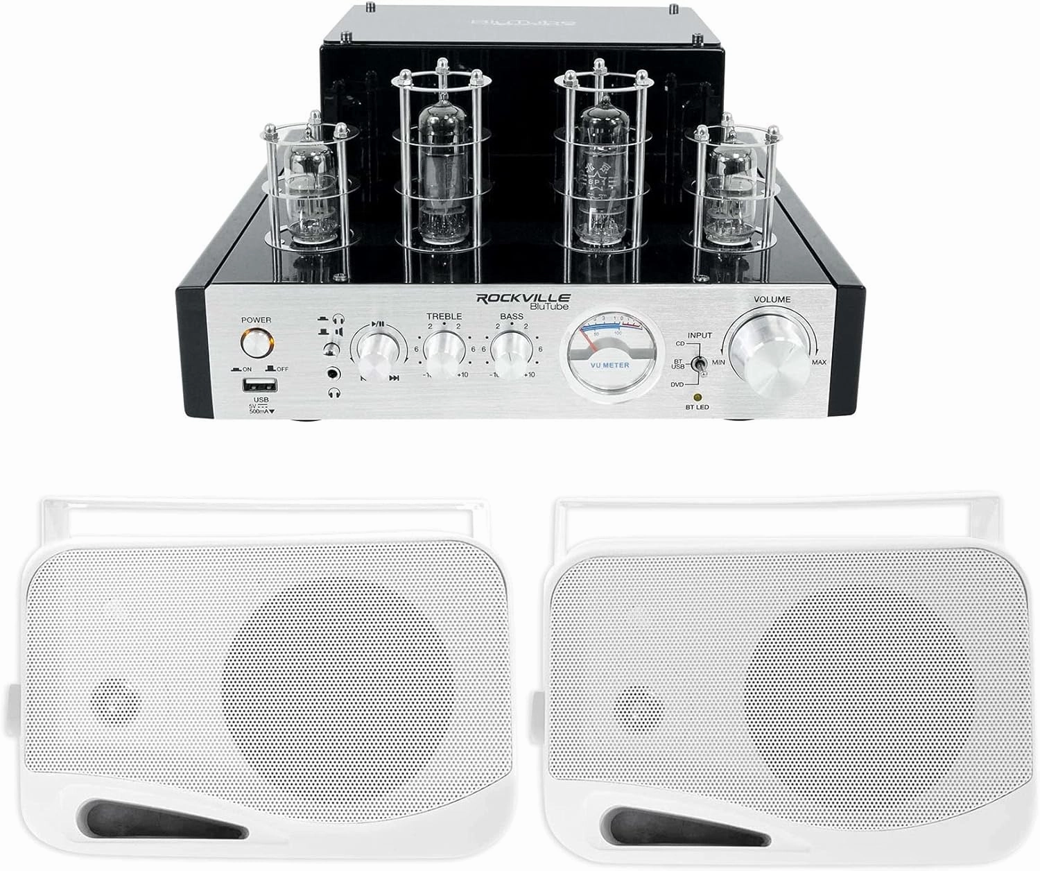 (1) Rockville BluTube 70w Tube Amplifier/Home Theater Stereo Receiver w/Bluetooth Bundle with (2) Rockville HP4S-8 4" Outdoor/Indoor Home Theater Speakers w/Swivel Bracket (3 Items) tube amplifier,valve amp,audiophile tube stereo,