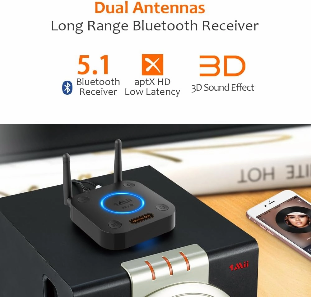 [Upgraded] 1Mii B06Pro Long Range Bluetooth Receiver, HiFi Wireless Audio Adapter, Bluetooth 5.1 Receiver with 3D Surround aptX HD Low Latency Optical RCA AUX 3.5mm Coaxial for Home Stereo System