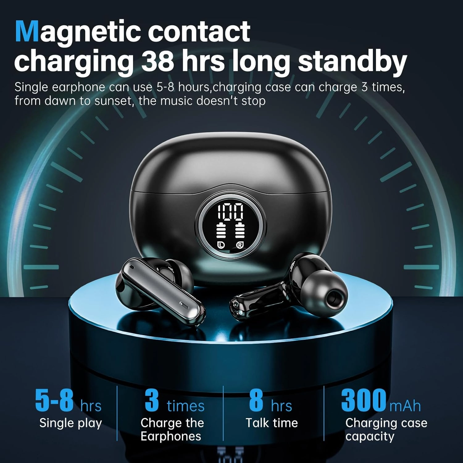 A10 Pro Wireless Earbuds, Bluetooth 5.3 Headphones HiFi Stereo 50H Playback LED Digital Display Ear Buds with ENC Noise Canceling Headset, IPX7 Waterproof Earphones for Gym/Running/Work - Black