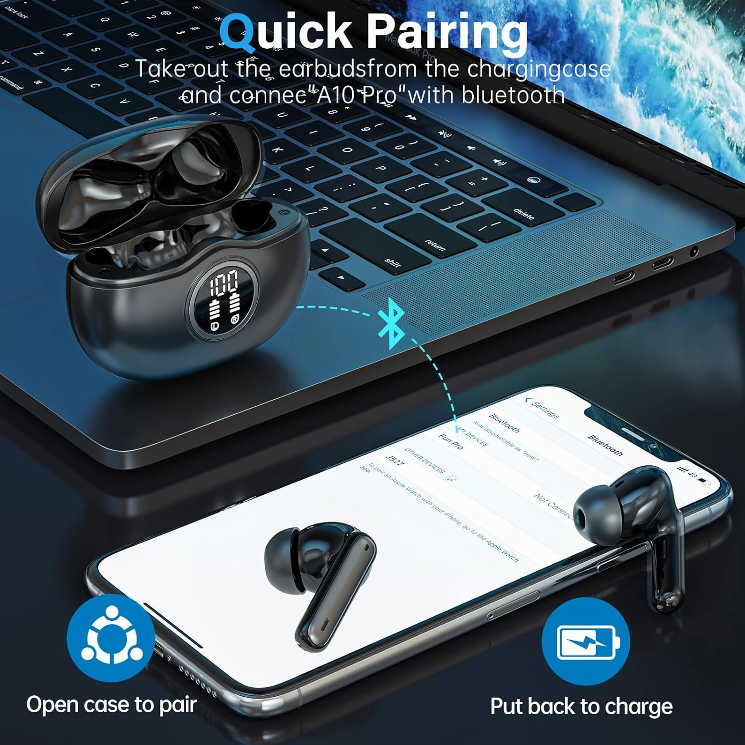 A10 Pro Wireless Earbuds, Bluetooth 5.3 Headphones HiFi Stereo 50H Playback LED Digital Display Ear Buds with ENC Noise Canceling Headset, IPX7 Waterproof Earphones for Gym/Running/Work - Black