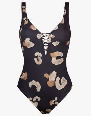 Abstraction Plunge Swimsuit - Black and Brown