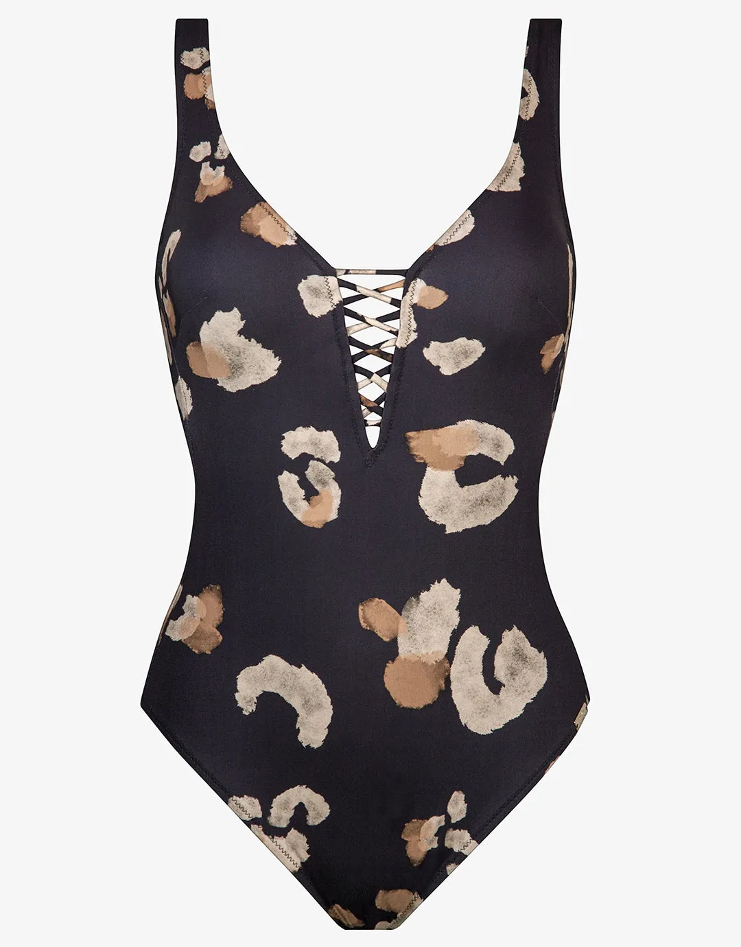 Abstraction Plunge Swimsuit - Black and Brown