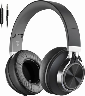 AC01 Headphones Wired Noise Isolating Over Ear, Corded Stereo Headsets with Microphone Volume Control for Adults Teens 3.5mm for Cellphones, Tablets, Laptop, Chromebook (Black Grey) over-ear headphones,closed back headphones,wireless studio cans,