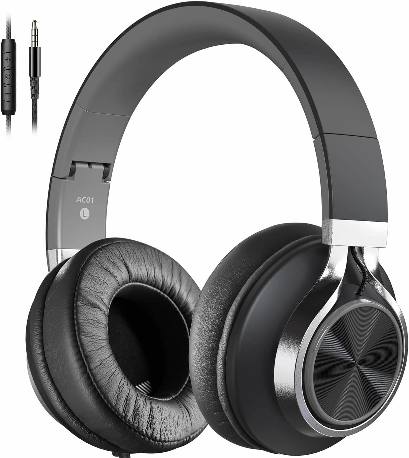 AC01 Headphones Wired Noise Isolating Over Ear, Corded Stereo Headsets with Microphone Volume Control for Adults Teens 3.5mm for Cellphones, Tablets, Laptop, Chromebook (Black Grey) over-ear headphones,closed back headphones,wireless studio cans,