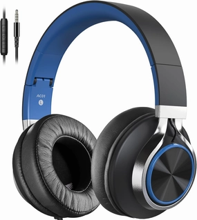 AC01 Over-Ear Headphones Wired, Noise Isolating Corded Stereo Headsets with Microphone Volume Control for Adults Teens 3.5mm for Chromebooks, Laptop, Computer, Tablets, Travel (Black Blue) over-ear headphones,closed back headphones,wireless studio cans,
