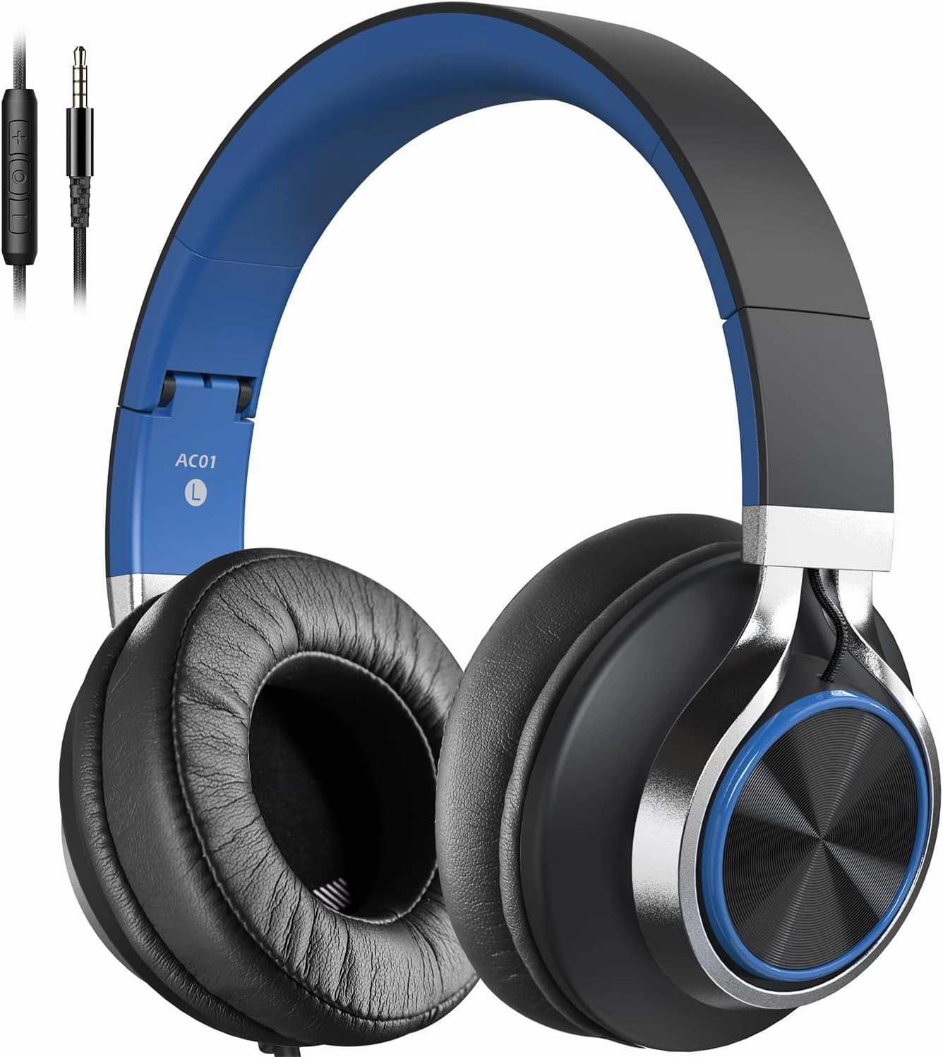 AC01 Over-Ear Headphones Wired, Noise Isolating Corded Stereo Headsets with Microphone Volume Control for Adults Teens 3.5mm for Chromebooks, Laptop, Computer, Tablets, Travel (Black Blue) over-ear headphones,closed back headphones,wireless studio cans,