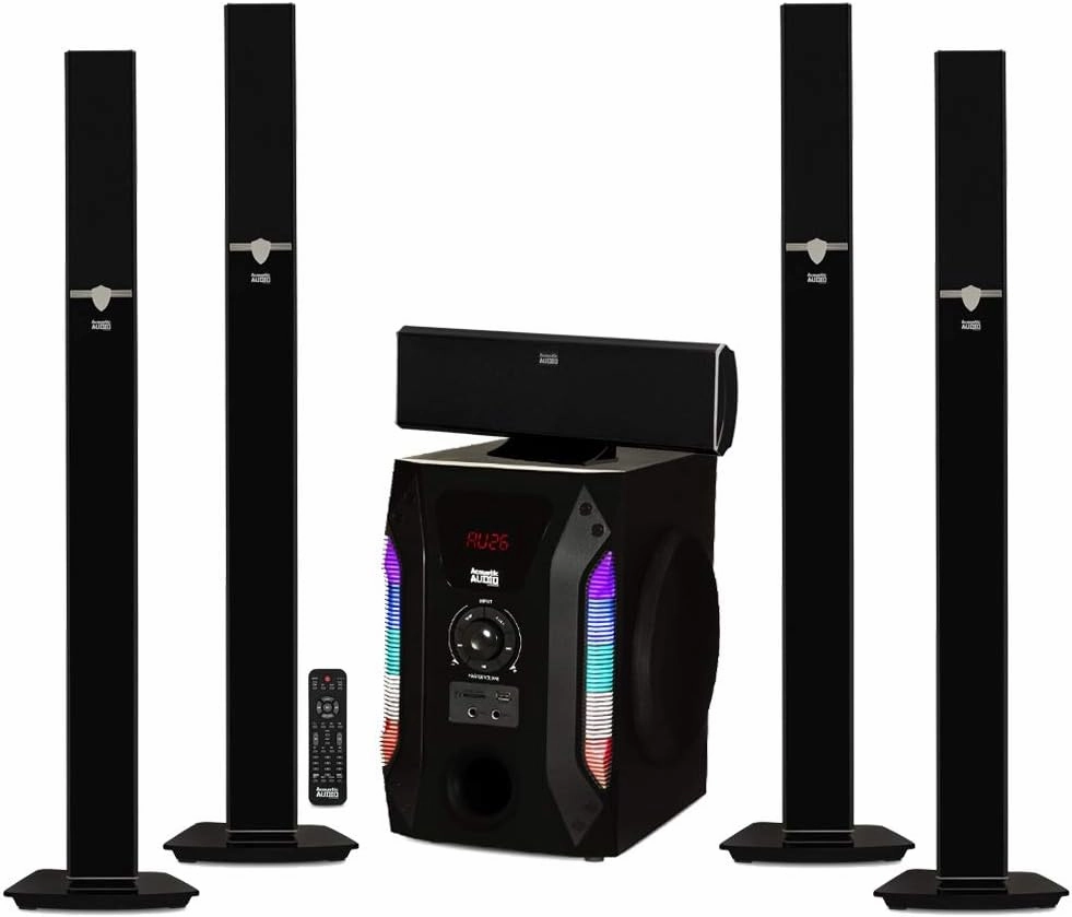 Acoustic Audio AAT1003 Bluetooth Tower 5.1 Home Theater Speaker System with 8" Powered Subwoofer surround sound system,cinema audio kit,5.1 surround package,