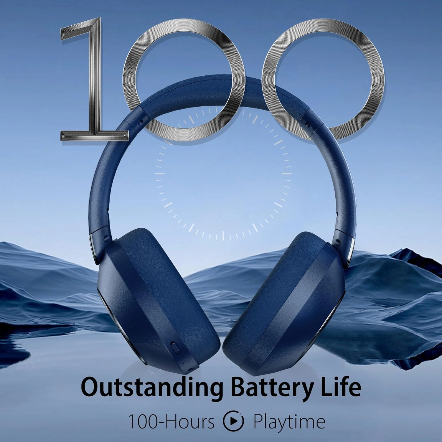 Active Noise Cancelling Bluetooth Over-Ear Wireless Headphones - 100H Playtime, Deep Bass, Travel (Blue)