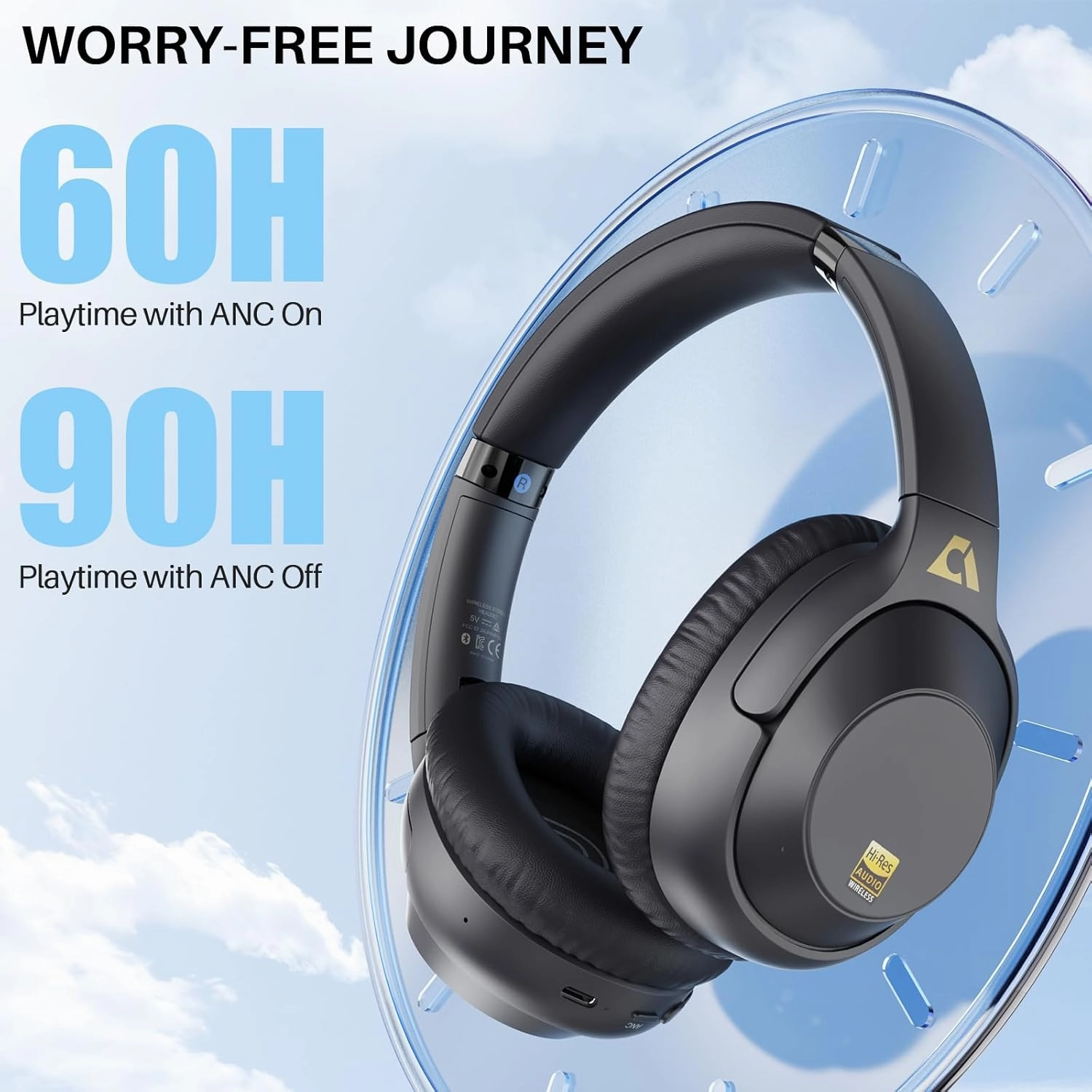 Active Noise Cancelling Headphones, Bluetooth 5.0 Wireless Headphones, LDAC Hi-Res Audio, 90 Hours Playtime, NFC Fast Pairing for Android, Dual Device Connection, Black