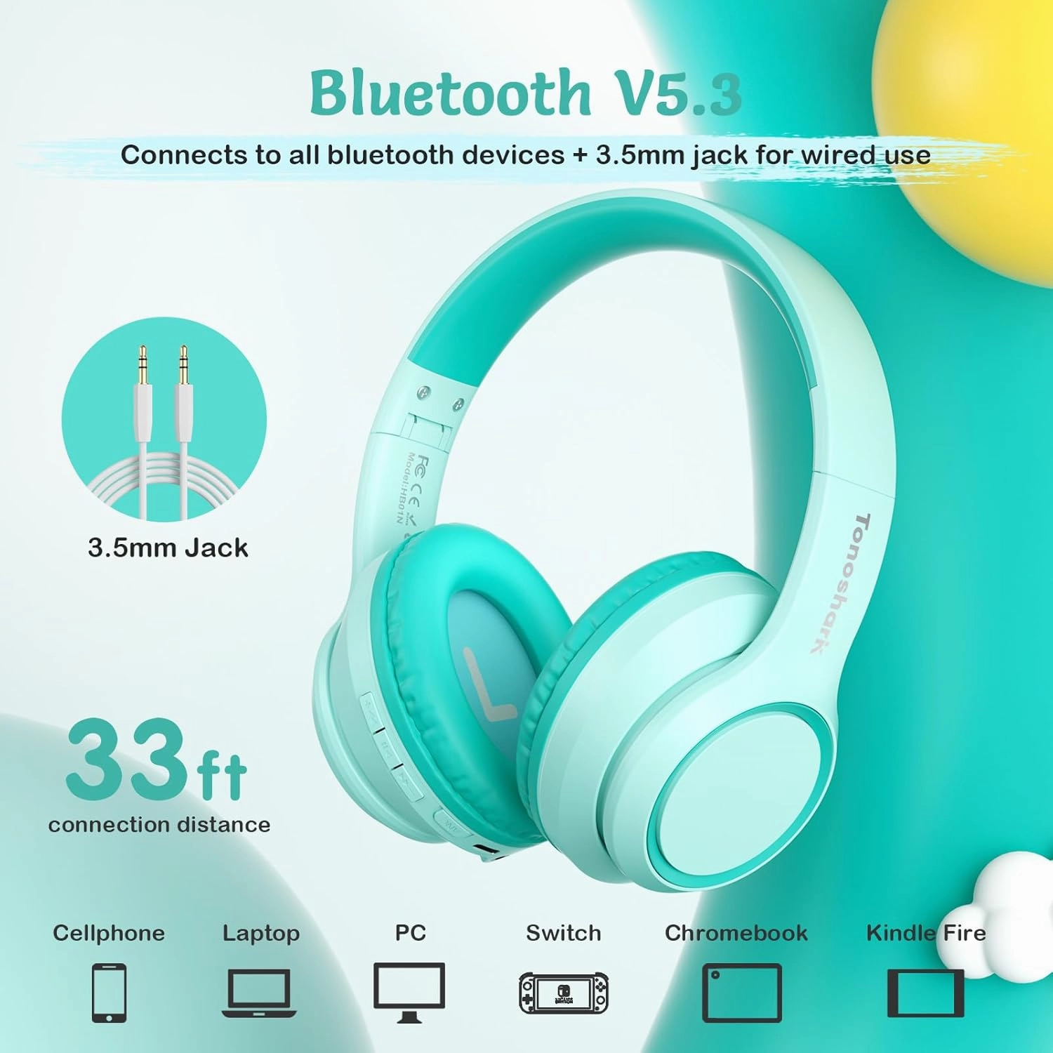 Active Noise Cancelling Headphones for Kids, 60H Playtime, Wireless Bluetooth Over-Ear Headset Built-in Microphone for Home/School/Travel/Party - Includes Portable Case