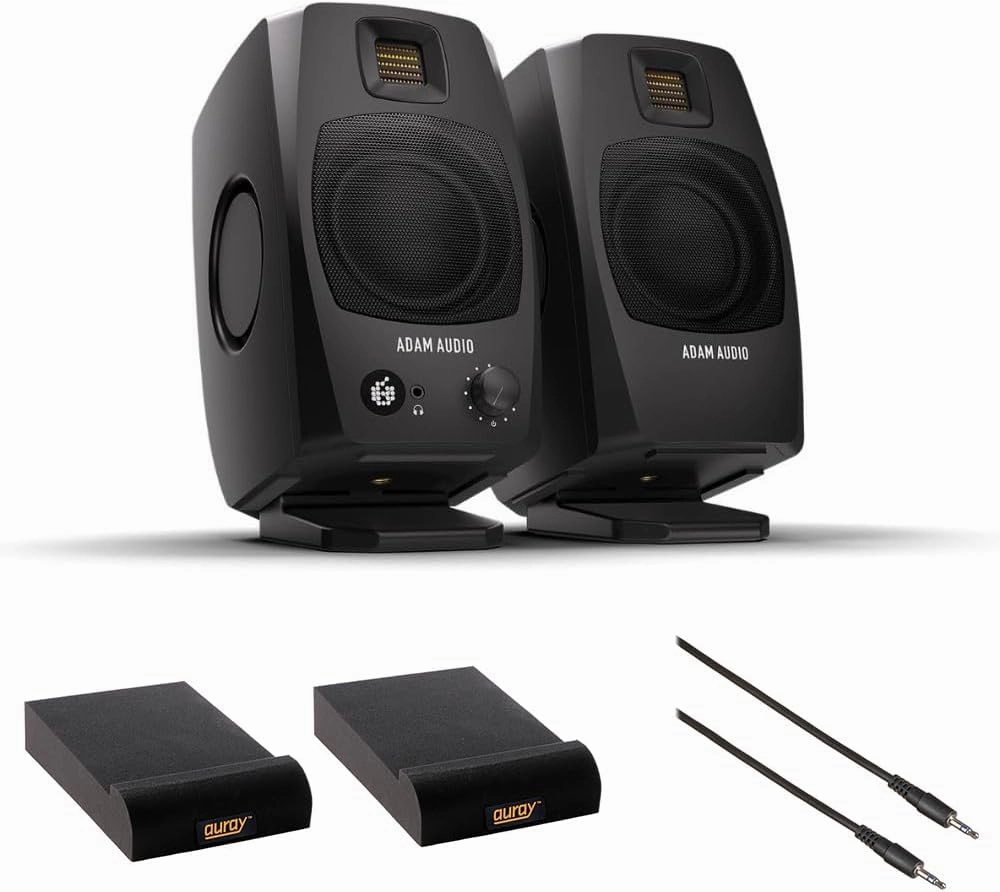 ADAM Audio D3V(Black) Active Desktop Monitoring System Bundle with 2X Auray IP-S Isolation Pad for Studio Monitor and Comprehensive Stereo Mini Male to Stereo Mini Male Cable -6' studio monitors,nearfield speakers,mixing reference monitors,