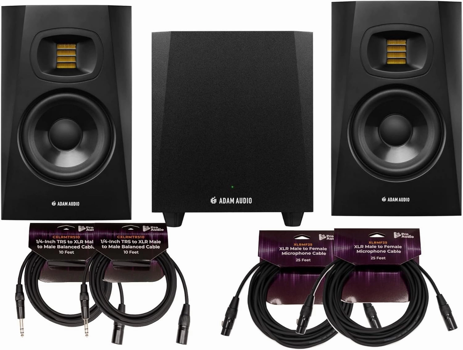 ADAM Audio T5V Active Nearfield Monitor (Pair) Bundle with Studio Subwoofer Pair, 25-Feet XLR Male to XLR Female Microphone Cable, and 1/4-Inch TRS to XLR Male to Male Cable (2-Pack) (7 Items) studio monitors,nearfield speakers,mixing reference monitors,