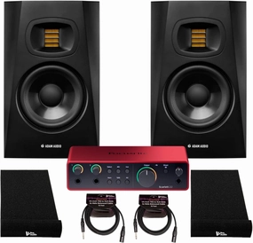 Adam Audio T5V Studio Monitor Speakers with Powerful Active Nearfield Sound - 5.25-inch Woofer Bundle with Focusrite Scarlett 2i2 4th Gen USB Audio Interface, XLR Cables, and Isolation Pads (6 Items) studio monitors,nearfield speakers,mixing reference moni