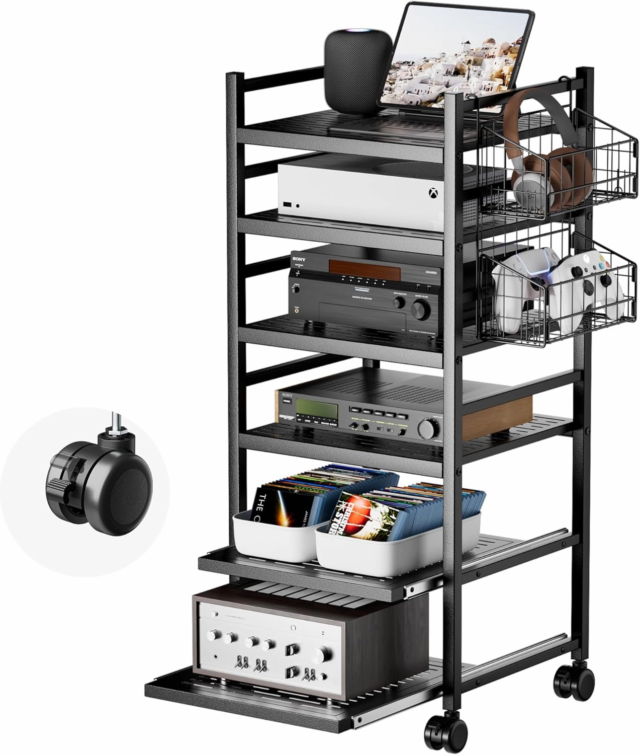 AENTGIU Audio Rack, 6-Tier AV Media Stand with Wire Basket and Wheels, Gaming Console Shelves Cabinet for Entertainment Stereo Racks Component, Storage and Collection Display (Black) audio rack,hi-fi component stand,media shelf,