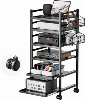 AENTGIU Audio Rack, 6-Tier AV Media Stand with Wire Basket and Wheels, Gaming Console Shelves Cabinet for Entertainment Stereo Racks Component, Storage and Collection Display (Black) audio rack,hi-fi component stand,media shelf,