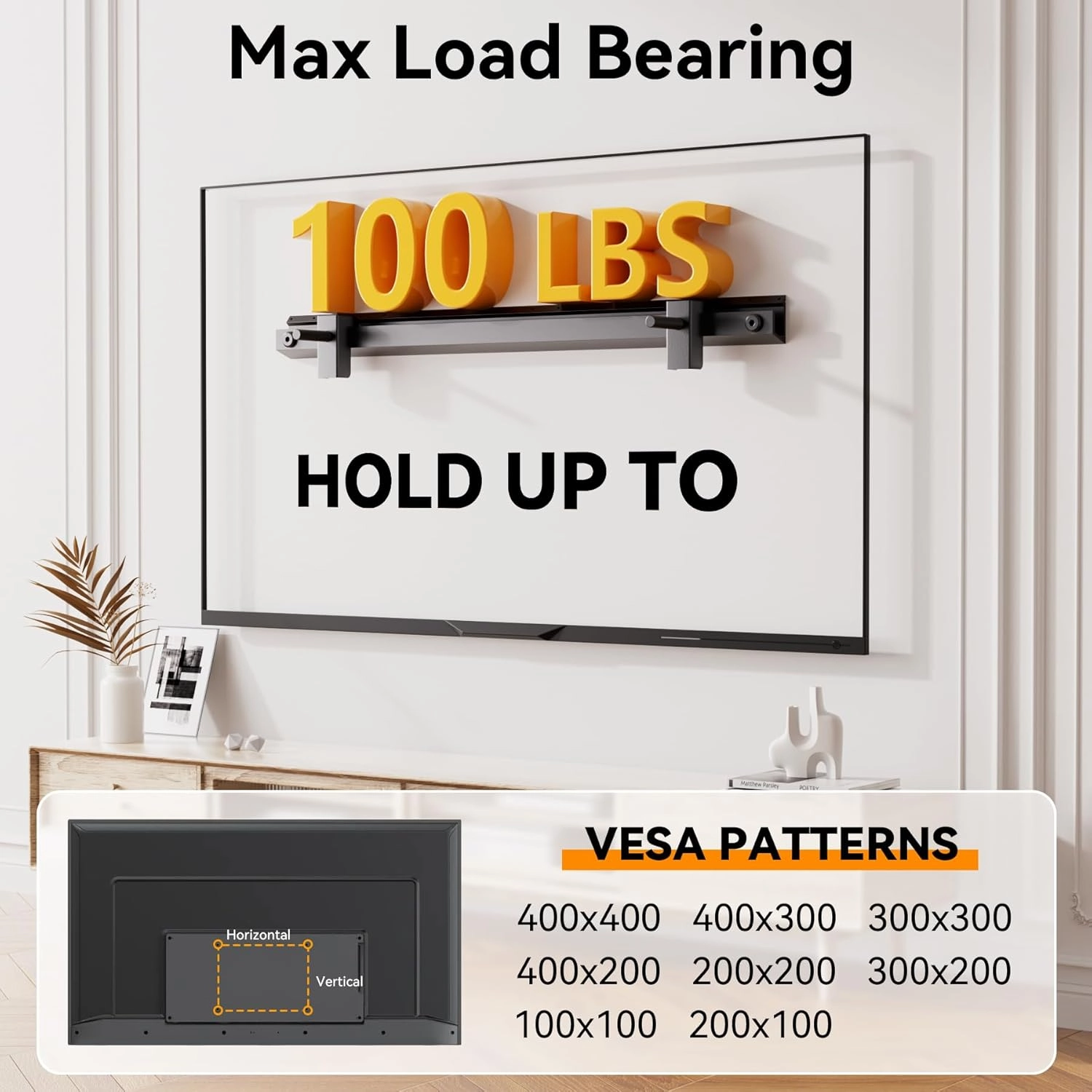 AENTGIU No Stud TV Wall Mount, Studless Drywall TV Mount for 22-55 inch TVs, Low Profile Tv Hanger Max Load 100 lb, No Drill, NO Anchors, Easy Install with All Hardware Included
