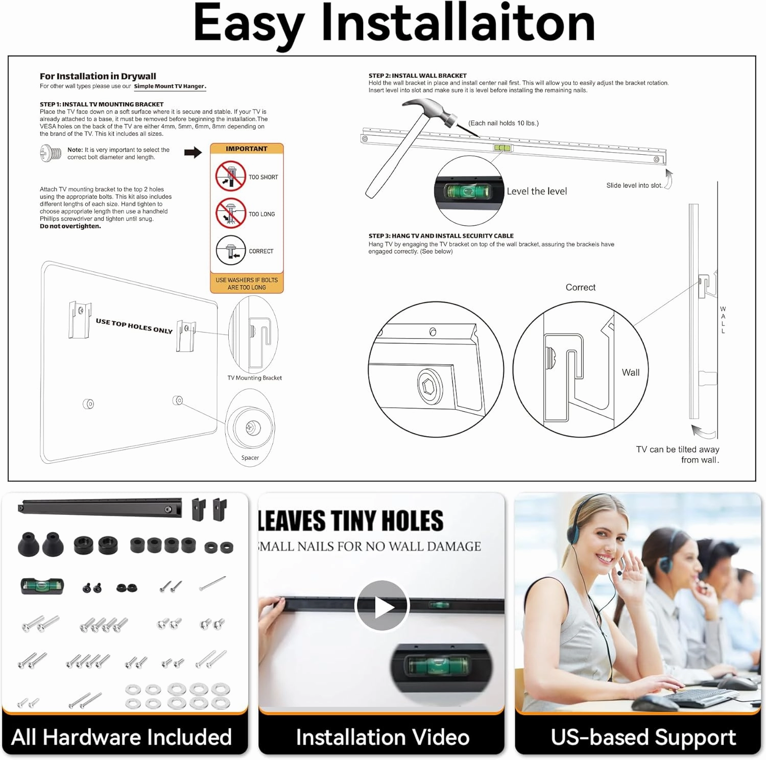 AENTGIU No Stud TV Wall Mount, Studless Drywall TV Mount for 22-55 inch TVs, Low Profile Tv Hanger Max Load 100 lb, No Drill, NO Anchors, Easy Install with All Hardware Included