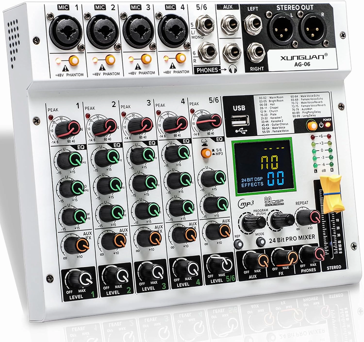 AG-06 Audio Mixer 6 Channel bluetooth Live Studio Stereo Sound Mixing DJ USB PC Console48V phantom power supply.monitoring/effects /,Campus activities, conferences and other occasions mixer console,audio mixing desk,DJ console,