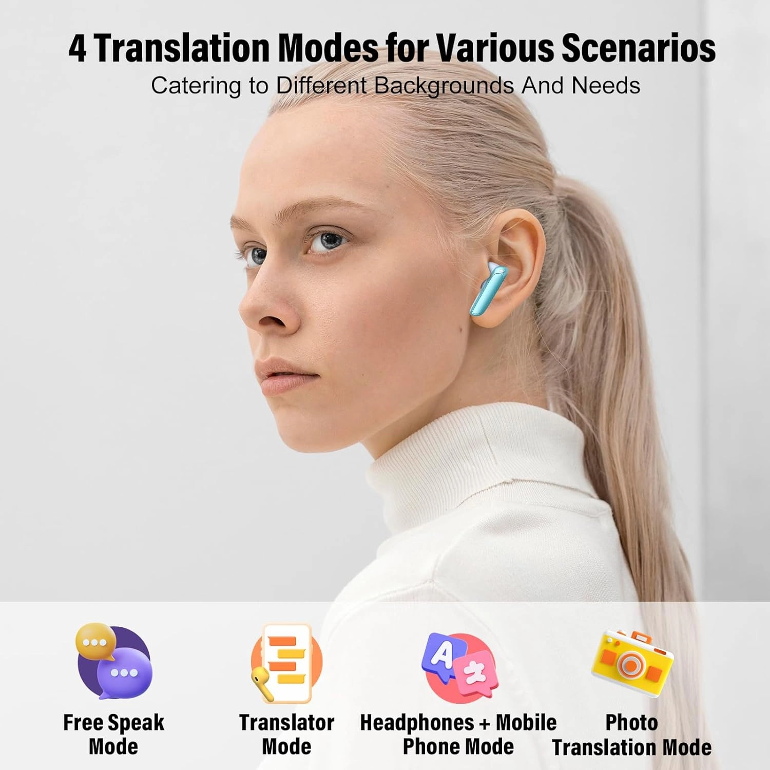 AI Language Translation Earbuds, 3-in-1 Translator Earbuds Real Time with 4 Translation Modes with APP, 164 Language Bluetooth 5.3 Headphones Translating Device for Travel/Business/Learning, Blue