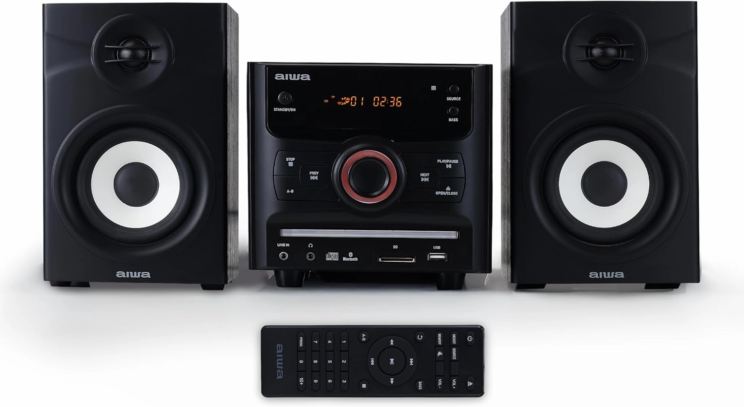 Aiwa 60W Bluetooth Micro System with Bookshelf Speakers and CD Player, FM Radio, USB Playback, AUX Input, LED Display, Hi-Fi Sound, Compatible with Apple, Android, Tablets, and Laptops bookshelf speakers,compact stereo speakers,hi-fi shelf speakers,