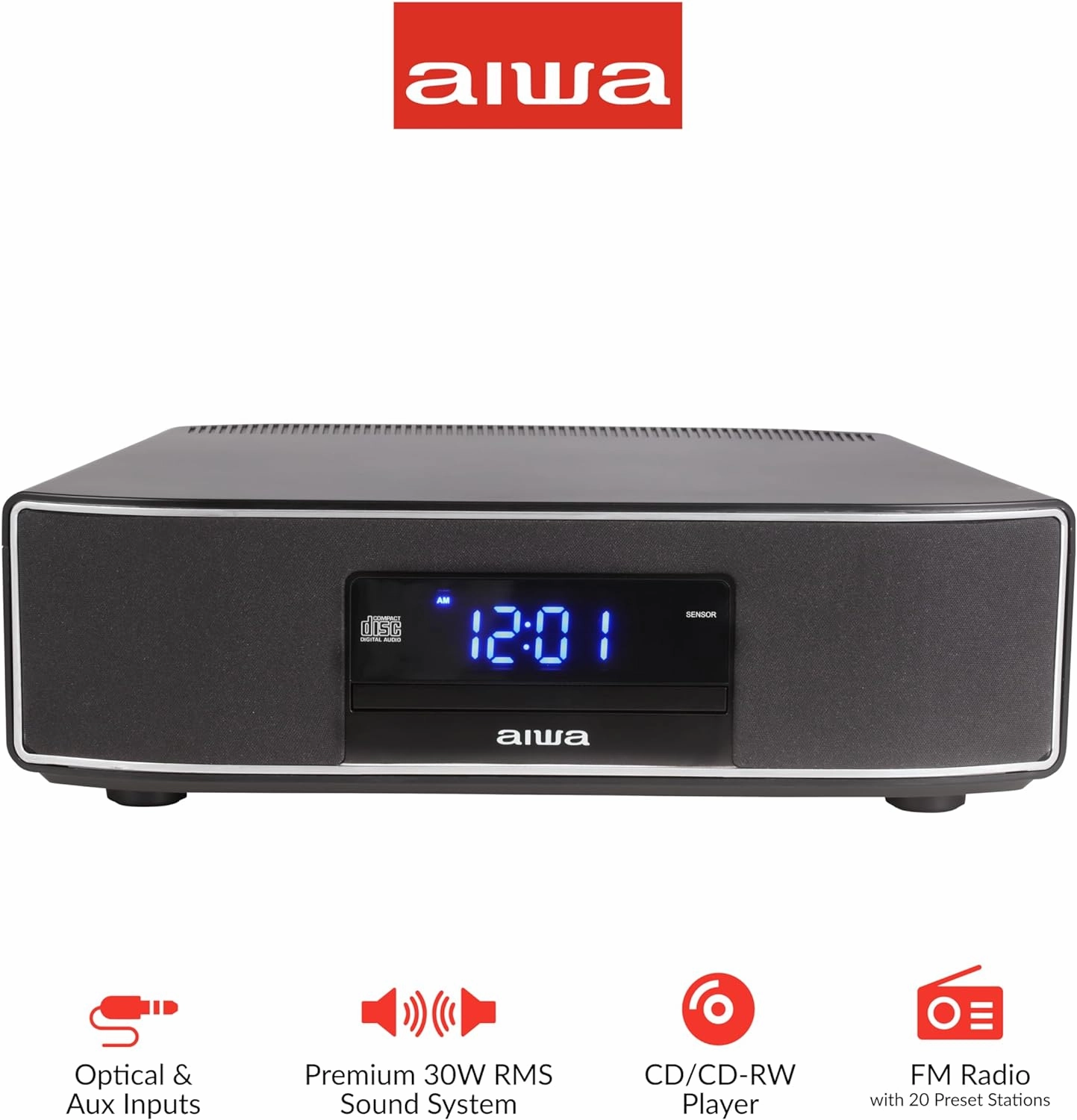 AIWA Exos Home Speaker, Premium 30W RMS Sound System with CD Player, Bluetooth Connectivity, FM Radio, Optical Digital Input, Dual 1 Tweeters   Dual 2 Bass Units, IR Remote Control