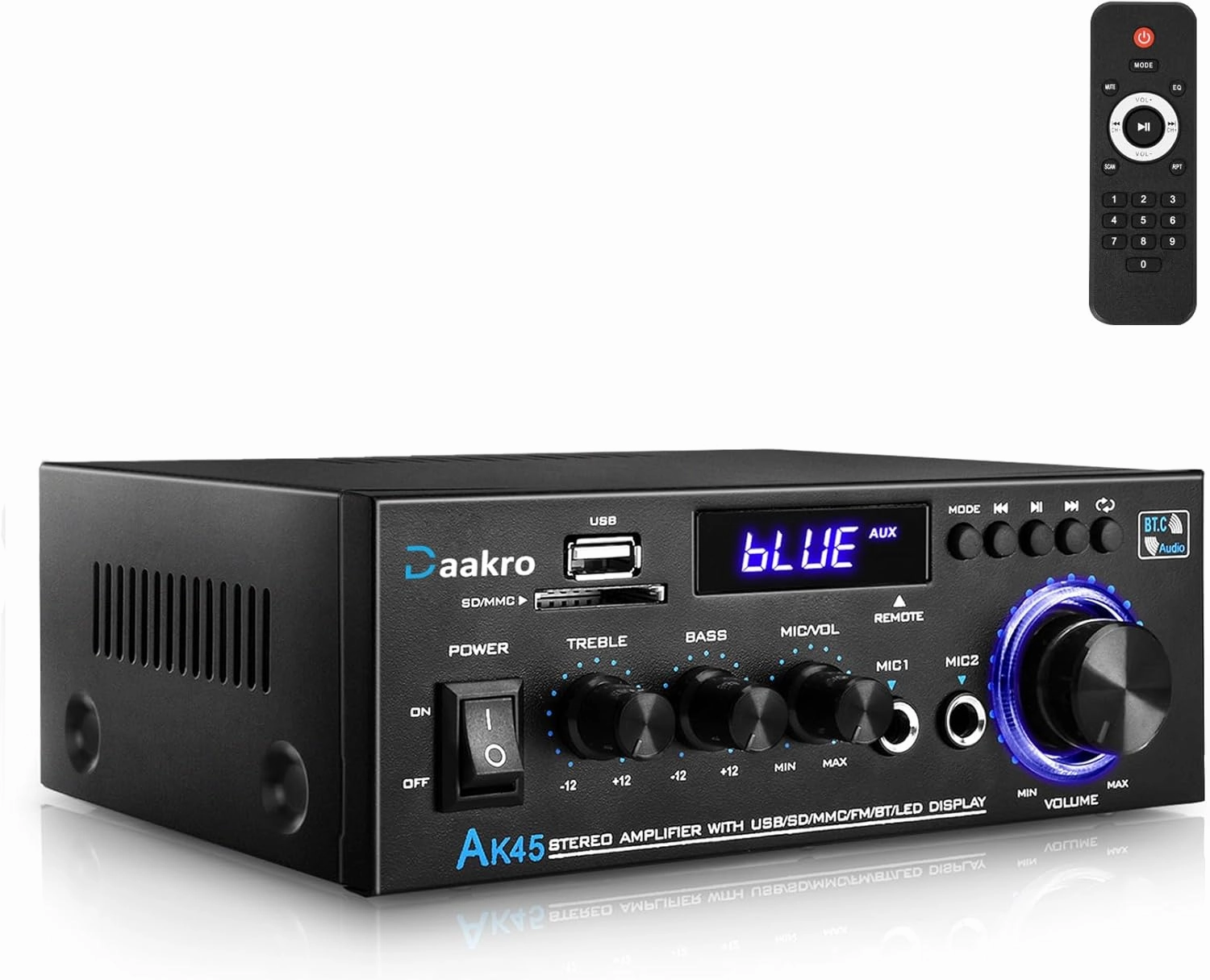 AK45 Pro Home Audio Amplifier Receivers with Bluetooth 5.0-2 Channel 30W Power Home Theater Stereo with USB, SD, FM, 2 Mic in,Stereo Audio Amplifier Receivers for Studio,Home,Karaoke (Black) AV receiver,surround receiver,home theater amplifier,