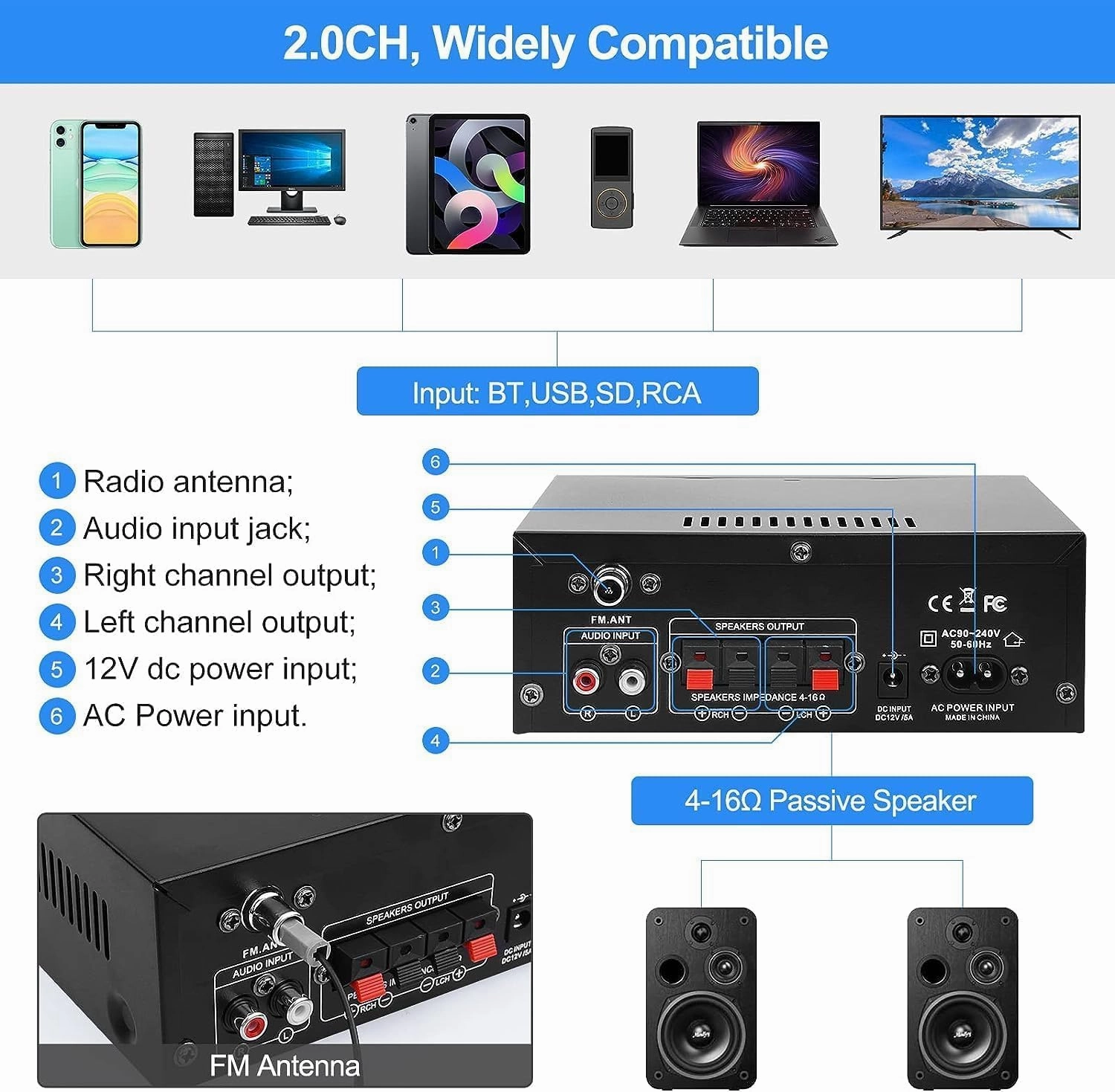 AK45 Pro Stereo Amplifier Home Audio Stereo Receivers with Bluetooth 5.0, Rated Power 50W x2, Max 400W, 2.0 Channel Audio Receiver for Home Theater Speakers w/USB/SD/RCA/2 MIC in for Karaok