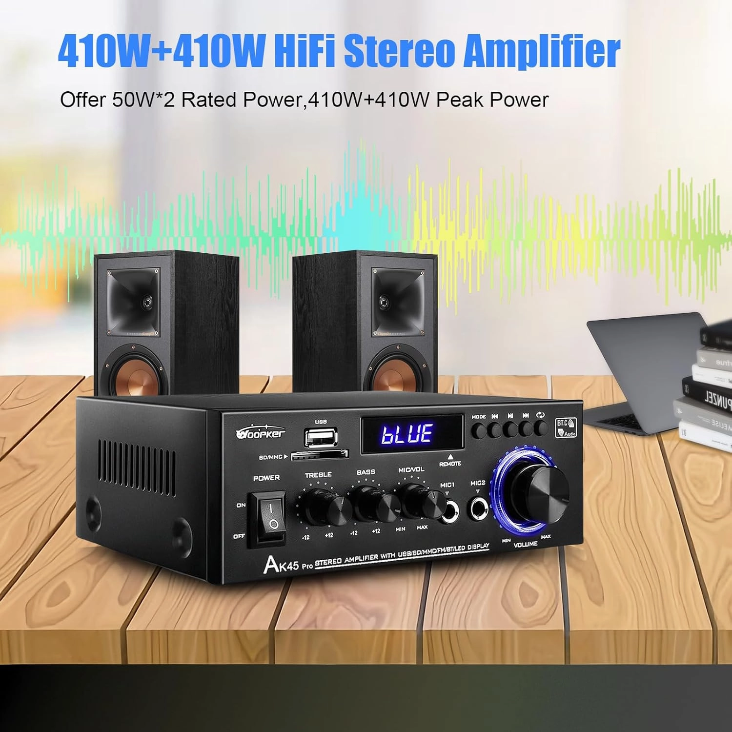 AK45 Pro Stereo Amplifier Home Audio Stereo Receivers with Bluetooth 5.0, Rated Power 50W x2, Max 400W, 2.0 Channel Audio Receiver for Home Theater Speakers w/USB/SD/RCA/2 MIC in for Karaok