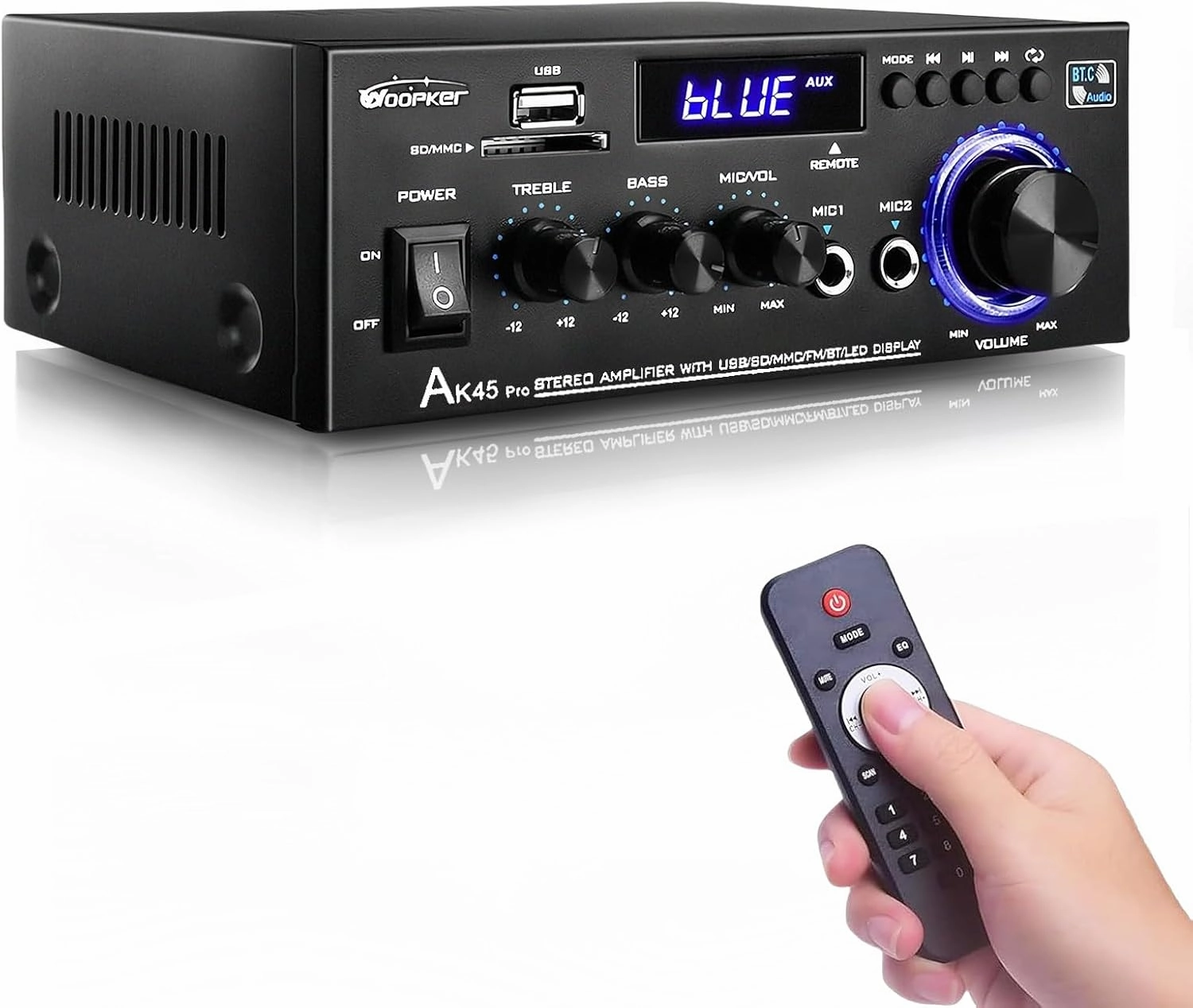 AK45 Pro Stereo Amplifier Home Audio Stereo Receivers with Bluetooth 5.0, Rated Power 50W x2, Max 400W, 2.0 Channel Audio Receiver for Home Theater Speakers w/USB/SD/RCA/2 MIC in for Karaok AV receiver,surround receiver,home theater amplifier,