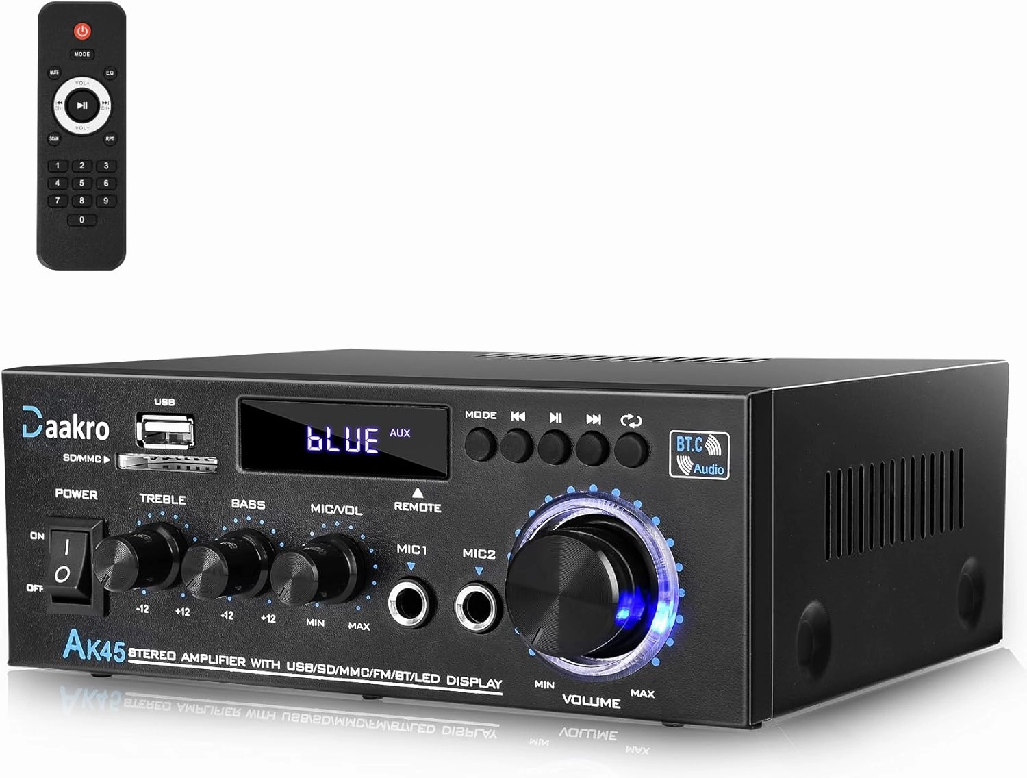 AK45 Stereo Audio Amplifier,300W Home 2 Channel Wireless Bluetooth 5.0 Power Amplifier System, Home Amplifiers FM Radio, USB, SD Card, with Remote Control Home Theater Audio Stereo System integrated amplifier,stereo receiver,hi-fi amp combo,