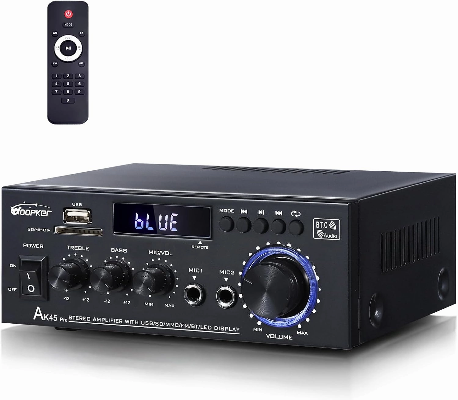 AK45Pro Stereo Receivers Amplifier Home Audio with Bluetooth 5.3, 400W,2.0 Channel Power Stereo Amplifier with USB,SD,RCA,FM,2MIC in for Home Theater Speakers,Home Amplifier with Remote Control AV receiver,surround receiver,home theater amplifier,
