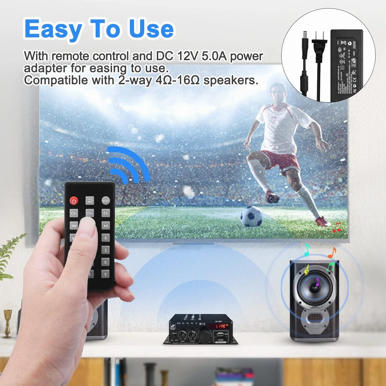 AK-380 USB SD BT.C FM AUX Audio Power Amplifier 400W 400W 2.0 CH HiFi Stereo AMP Speaker Bluetooth 5.0 Amp Receiver with 12V 5A Power Supply,FM Antenna for Car Home Bar Party