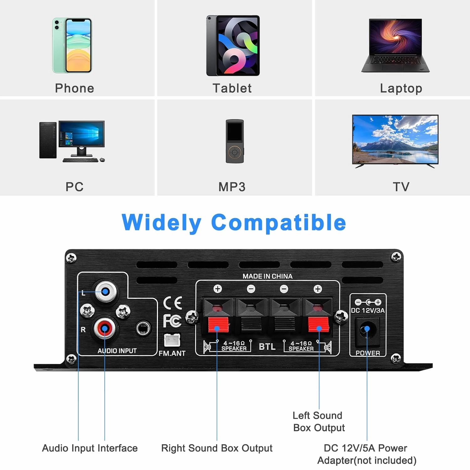 AK-380 USB SD BT.C FM AUX Audio Power Amplifier 400W 400W 2.0 CH HiFi Stereo AMP Speaker Bluetooth 5.0 Amp Receiver with 12V 5A Power Supply,FM Antenna for Car Home Bar Party