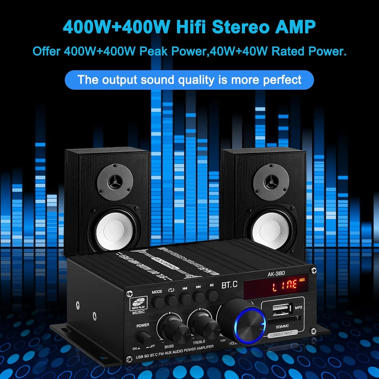 AK-380 USB SD BT.C FM AUX Audio Power Amplifier 400W 400W 2.0 CH HiFi Stereo AMP Speaker Bluetooth 5.0 Amp Receiver with 12V 5A Power Supply,FM Antenna for Car Home Bar Party
