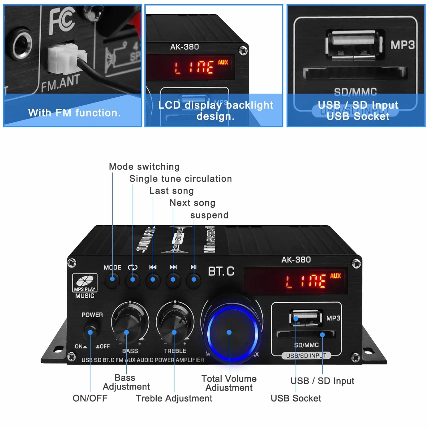 AK-380 USB SD BT.C FM AUX Audio Power Amplifier 400W 400W 2.0 CH HiFi Stereo AMP Speaker Bluetooth 5.0 Amp Receiver with 12V 5A Power Supply,FM Antenna for Car Home Bar Party