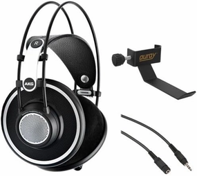 AKG K 702 Reference-Quality Open-Back Circumaural Headphones with Clamp On Headphone Holder and Stereo Mini Male to Stereo Mini Female Extension Cable 25' reference headphones,neutral sound headphones,monitor headphones,