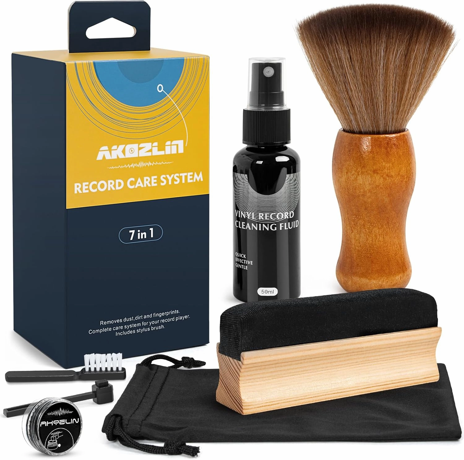 AKOZLIN Vinyl Record Cleaning Brush Kit,Premium LP Cleaner Set 7 in1 Record Cleaner LP Cleaning Solution record cleaning kit,vinyl cleaner,stylus brush set,
