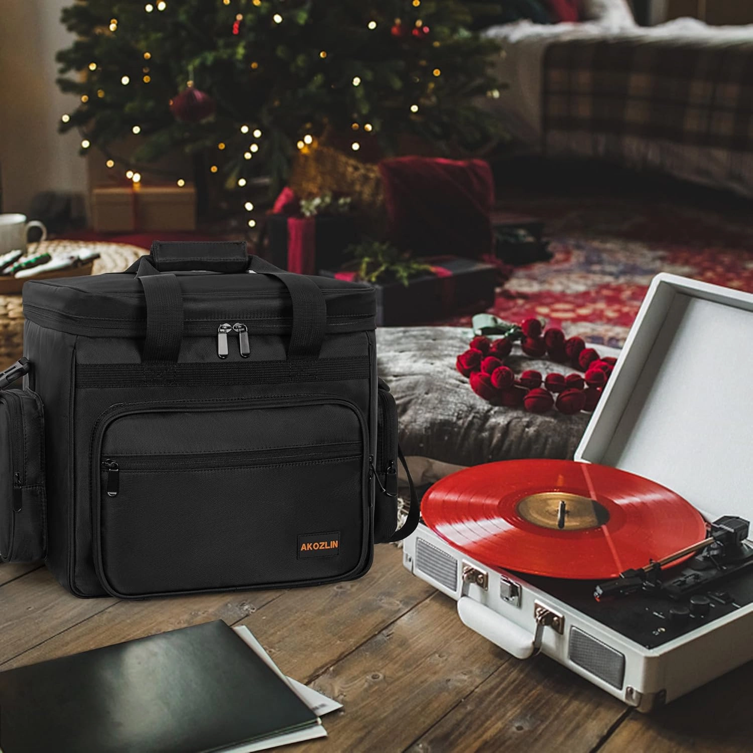 AKOZLIN Vinyl Record Travel Carrying Bag with Divider Durable Vinyl Albums Storage Case Fit 12" LP Albums for Collection,Travel, Concert