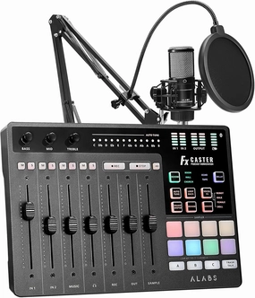 ALABS Fxcaster Podcast Equipment Bundle - All-in-One Podcasting Starter Setup with 7-Channel Soundboard, Audio Interface, and 25mm Diaphragm XLR Microphone for Live Streaming, Recording, and TikTok audio interface,USB interface,music recording input,