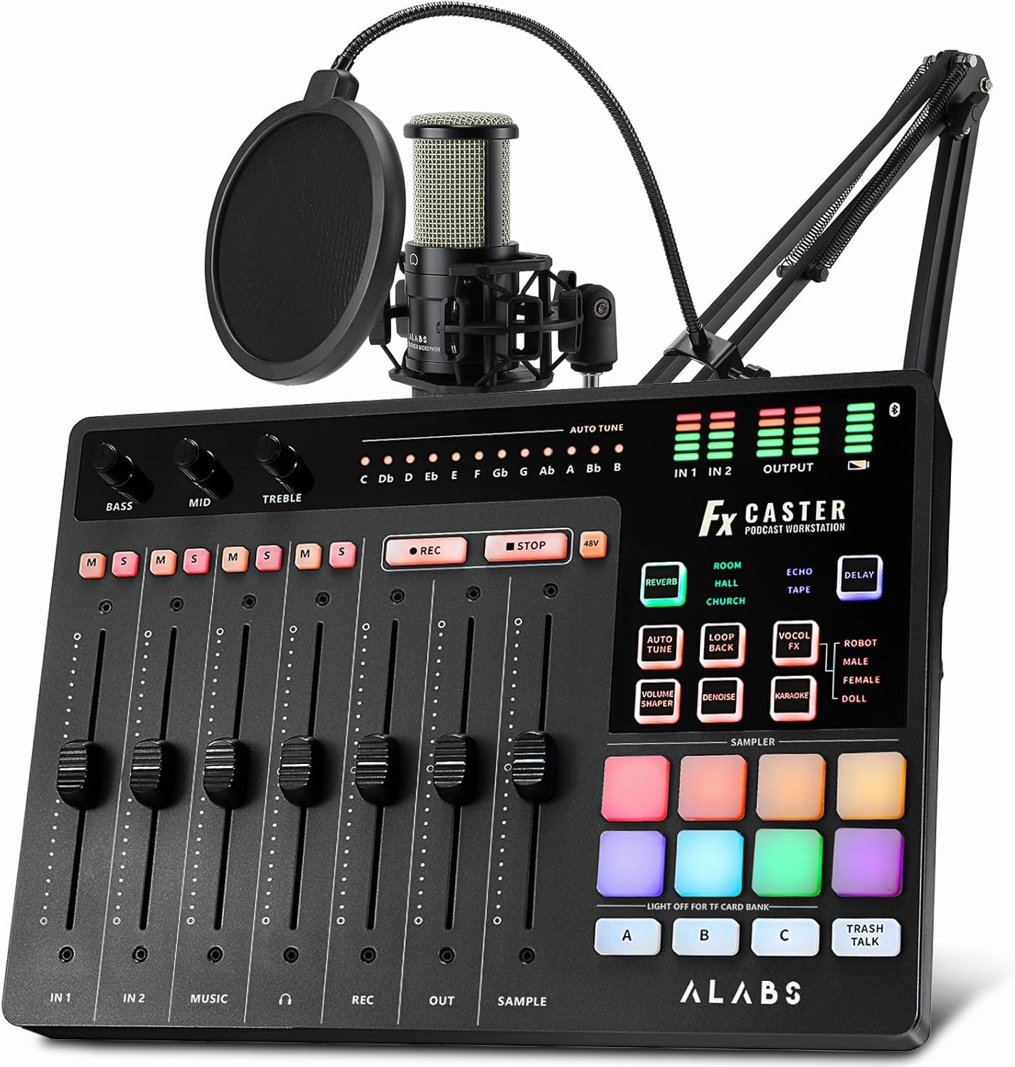 ALABS Fxcaster Podcast Equipment Bundle - All-in-One Podcasting Starter Setup with 7-Channel Soundboard, Audio Interface, and 25mm Diaphragm XLR Microphone for Live Streaming, Recording, and TikTok audio interface,USB interface,music recording input,